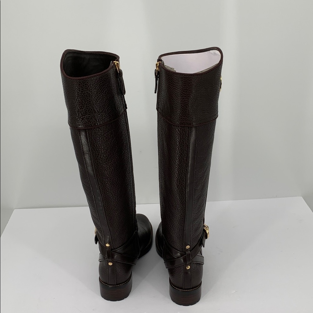 Tory Burch Teresa riding tall boots coconut brown leather zipper logo new 7.5 - Picture 4 of 7
